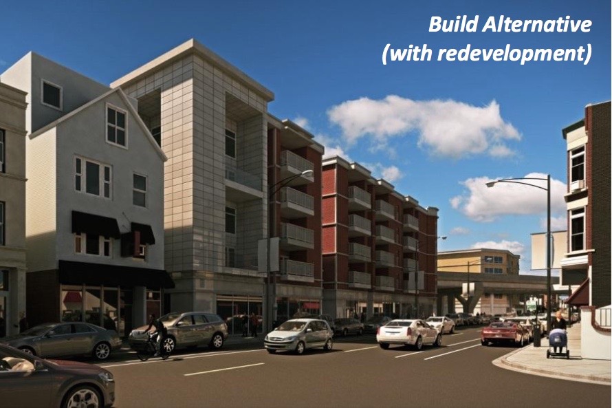 The CTA provided this rendering showing that with redeveloped buildings on Clark Street, the flyover wouldn't be visible from the street.