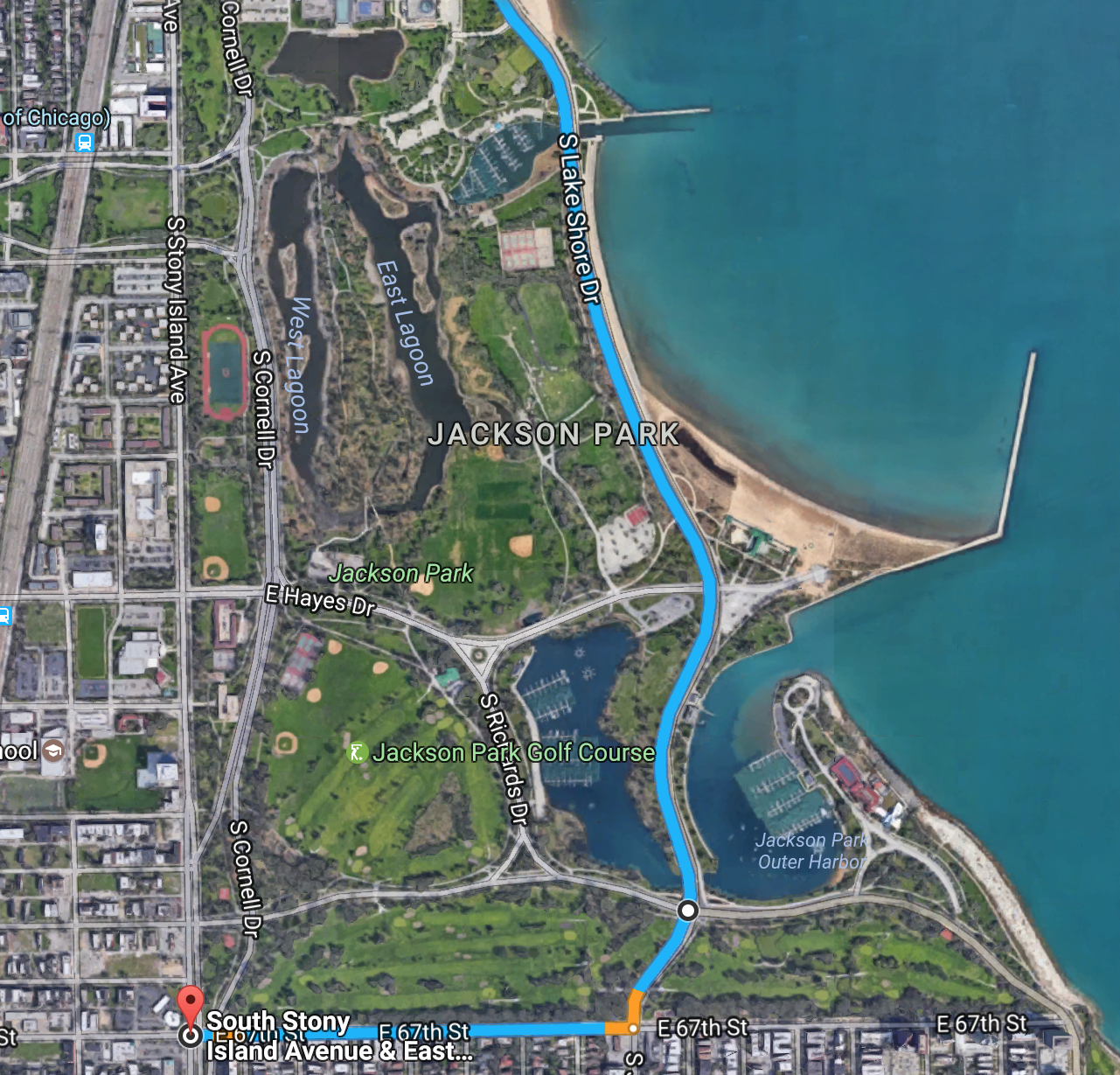 There's no need for drivers to use Cornell or Marquette (southernmost east-west street in Jackson Park) to continue south on Stony Island. The Obama Library will be located on the patch of land currently occupied by a running track and baseball diamonds. Image: Google Maps