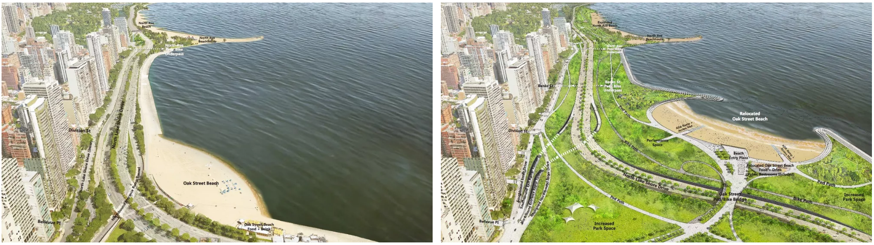Existing conditions at Oak/Michigan and the proposed changes. Images: City of Chicago