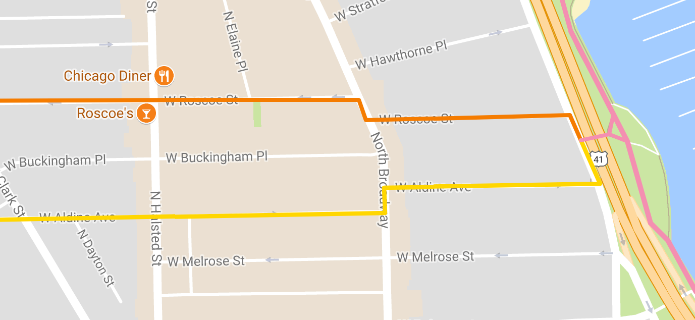 A raised bike lane may be built on Broadway to facilitate the northbound jog for westbound riders on Roscoe (orange). No word yet if there's anything planned on Broadway for eastbound riders on School/Aldine. Image: Google Maps