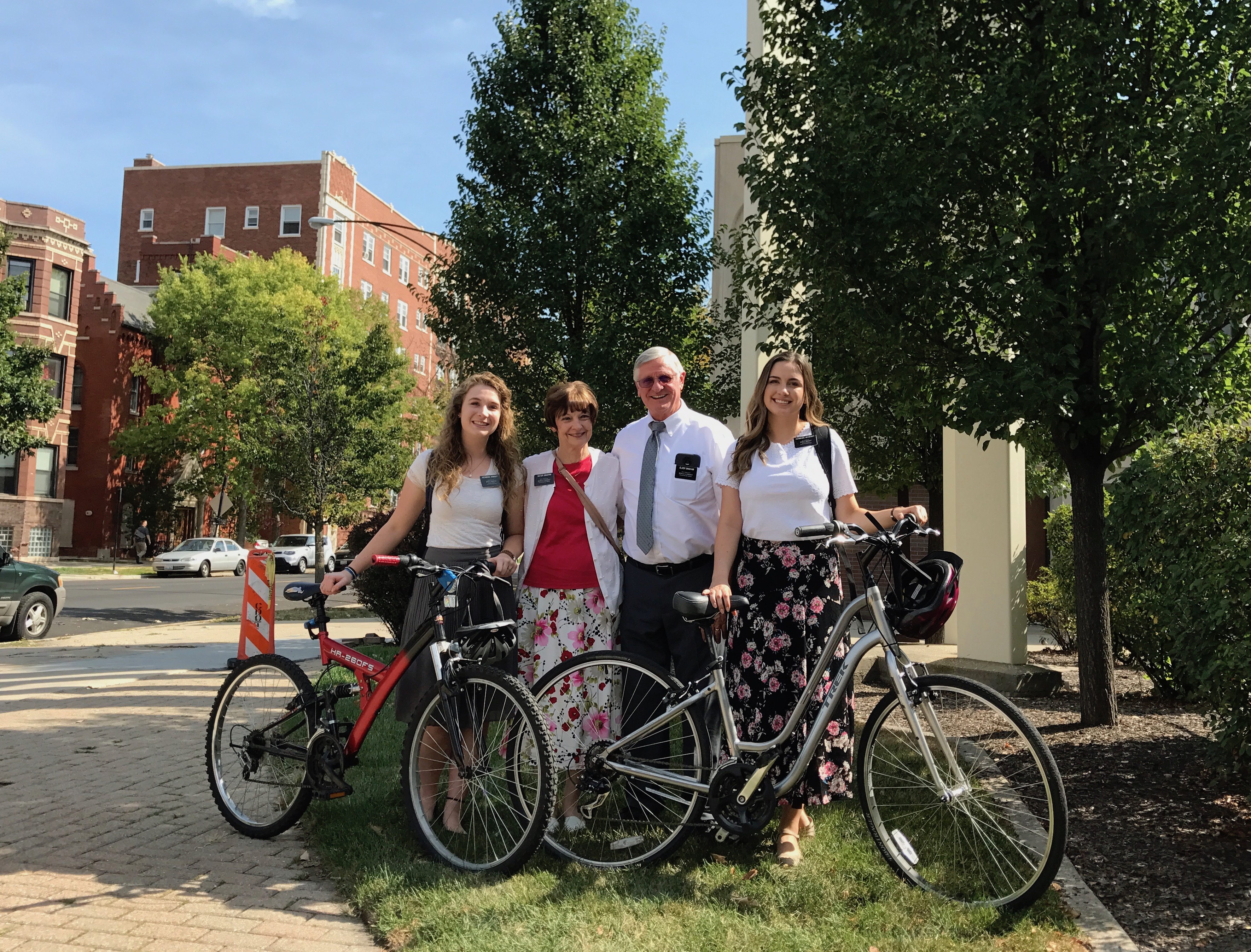 Amanda Aamodt, Sherry and Mark Bingham, and Emily McCrary by the Logan Square's Church of Jesus Christ of Latter-day Saints. Photo: John Greenfield