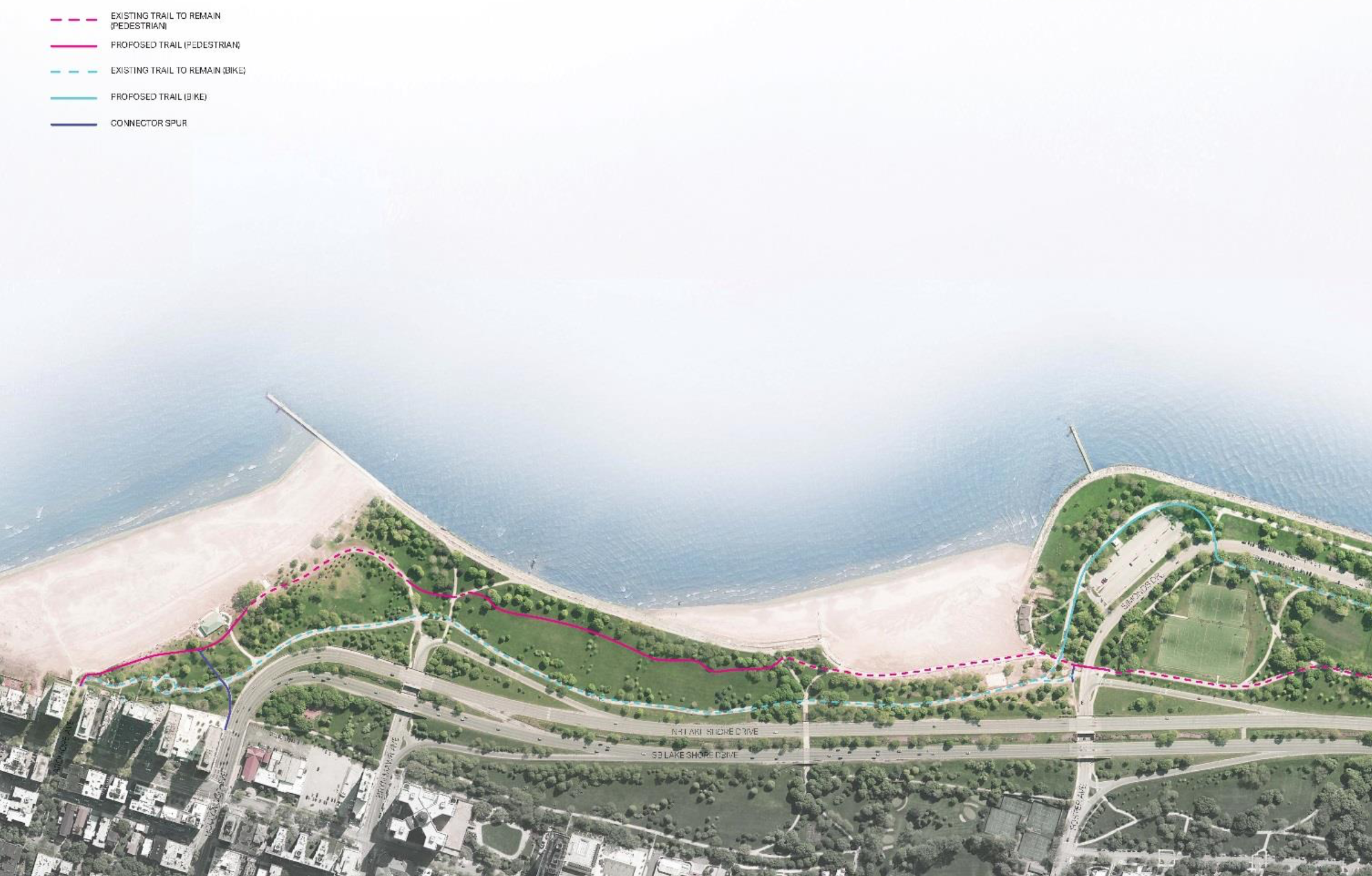 The new bike (blue) and pedestrian (red) routes between Ardmore and Foster. Image: Chicago Park District