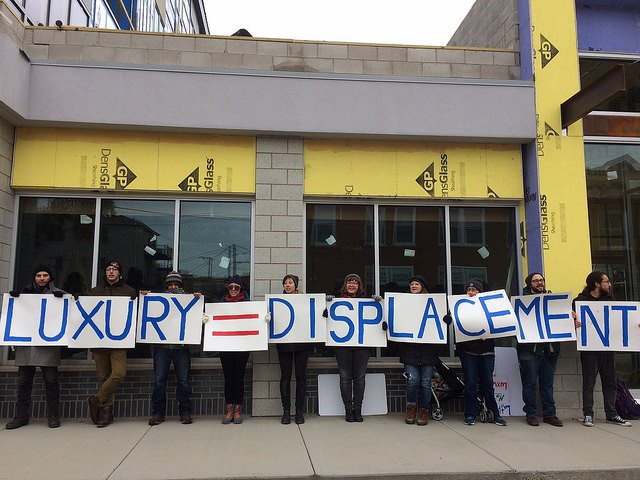 The demonstration Alma organized at a TOD site at 2501 West Armitage. Photo: Lynda Lopez