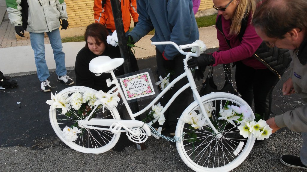 Family and Supporters Honored Lisa Schalk Yesterday With a Ghost Bike Memorial