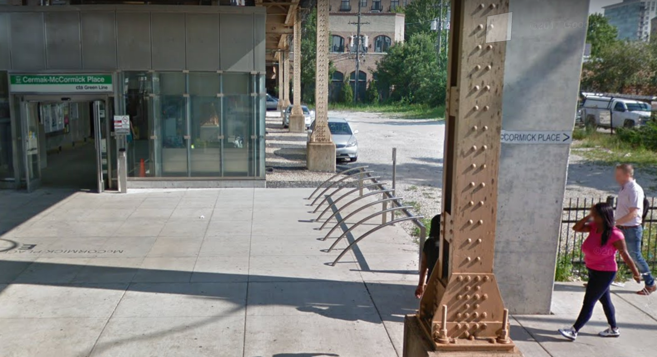 The bike racks at the Cermak Green Line station may be nice to look at, but they're a pain in the neck to use. Image: Google Street View