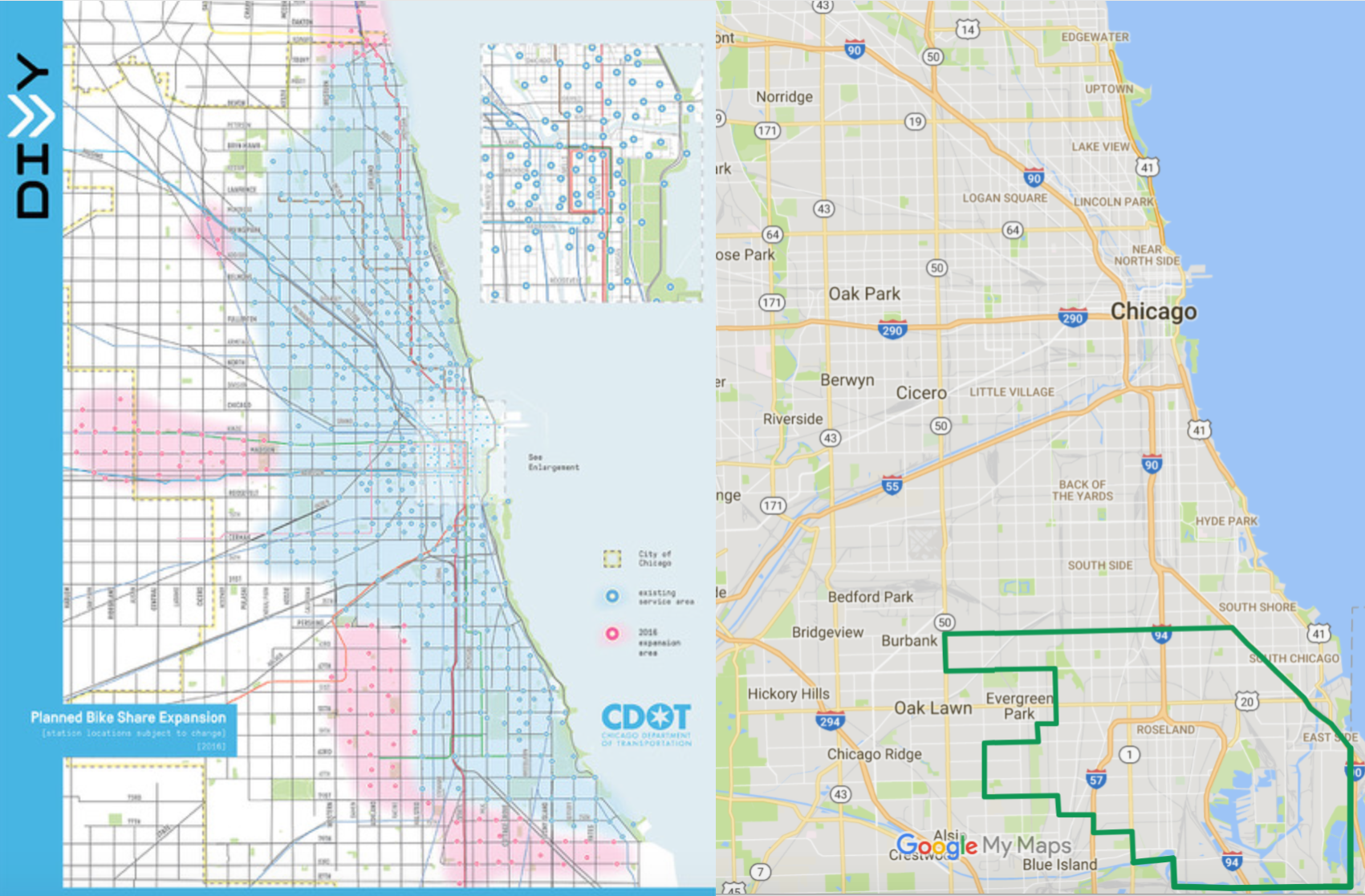 The Divvy zone versus the DoBi zone. Active Trans' Ron Burke says whether or not there will be sufficient dockless bike-share density on the Far South Side depends on how many companies participate in the pilot. Image: CDOT, Google Maps