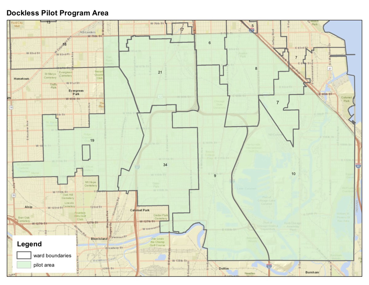 The dockless pilot area contains just about all of five wards, and parts of several others. Map: CDOT