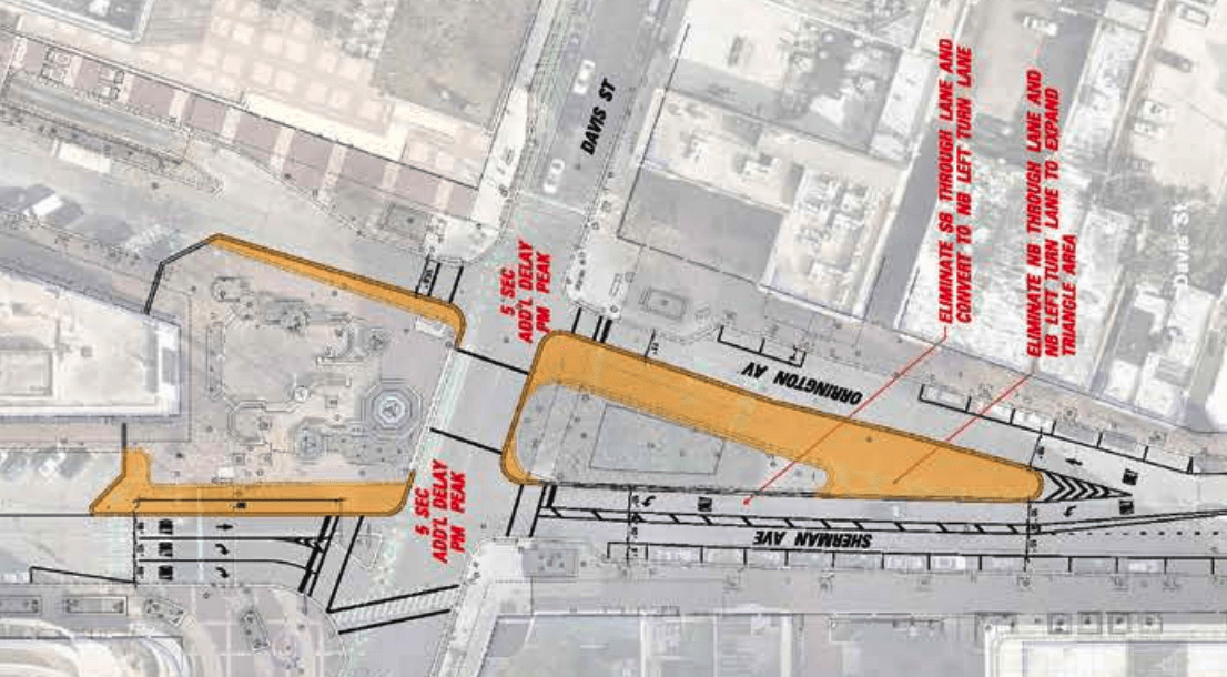Orange on the map is street space that has been turned into public space. The map has been rotated so that north is on the left side.