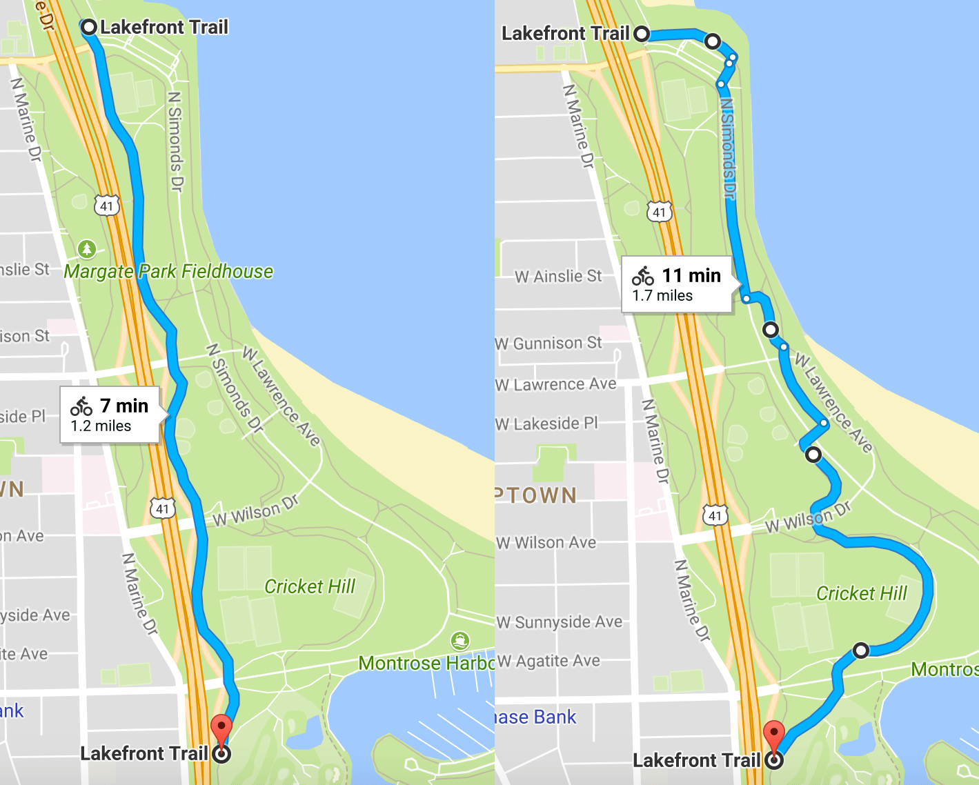 The bike detour (approximated on this Google map since some new segments need to be built) will add roughly a half-mile to the route. Image: Google Maps