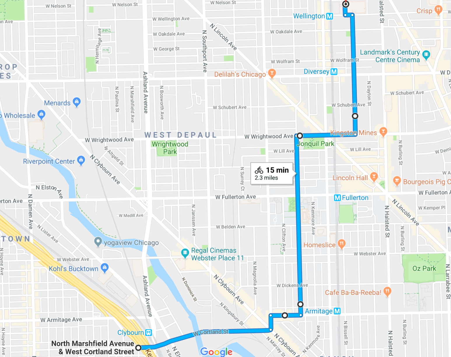 A low-stress route fro the Bloomingdale Trail to Illinois Masonic Hospital. Image: Google Maps