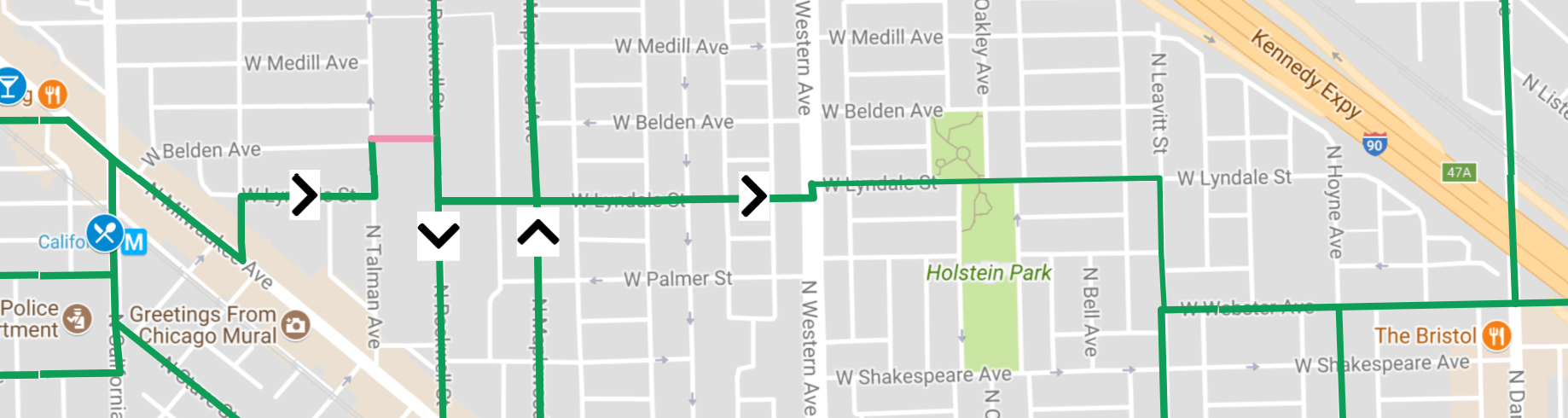 Eastbound route from Logan Square to Bucktown via Lyndale. Image: The Mellow Chicago Bike Map