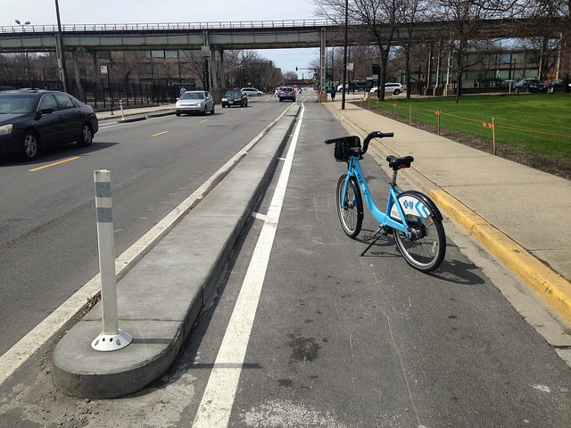 A curb-protected bike lane on 31st Street neat IIT. Photo: John Greenfield