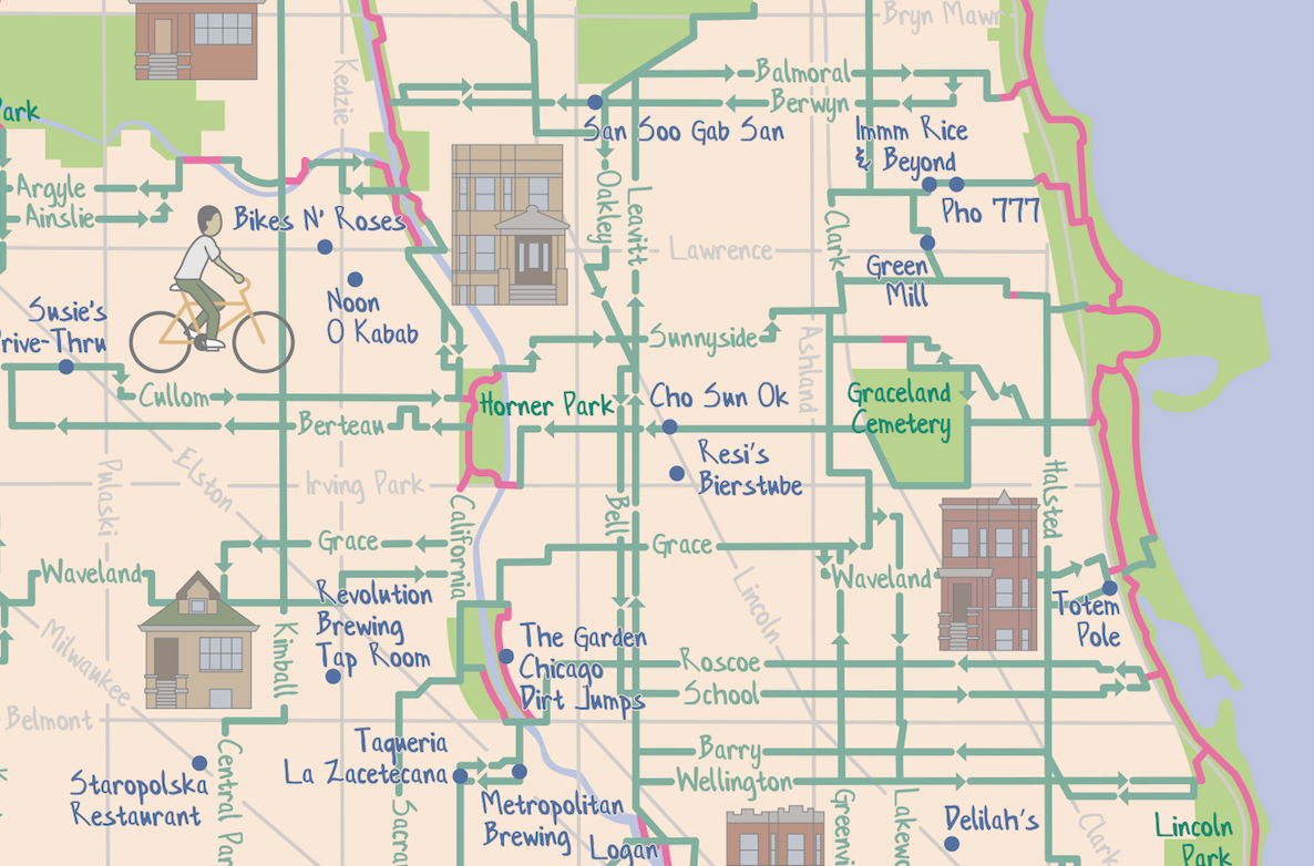 A portion of the illustrated version of the Mellow Chicago Bike Map showing the Leavitt and Oakley/Lincoln/Bell alternatives to Damen. Illustration: Joe Mills