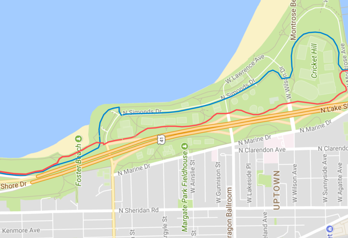 The new bike route (blue) and the pedestrian route (red), between Montrose and Ardmore. Image: Google Maps