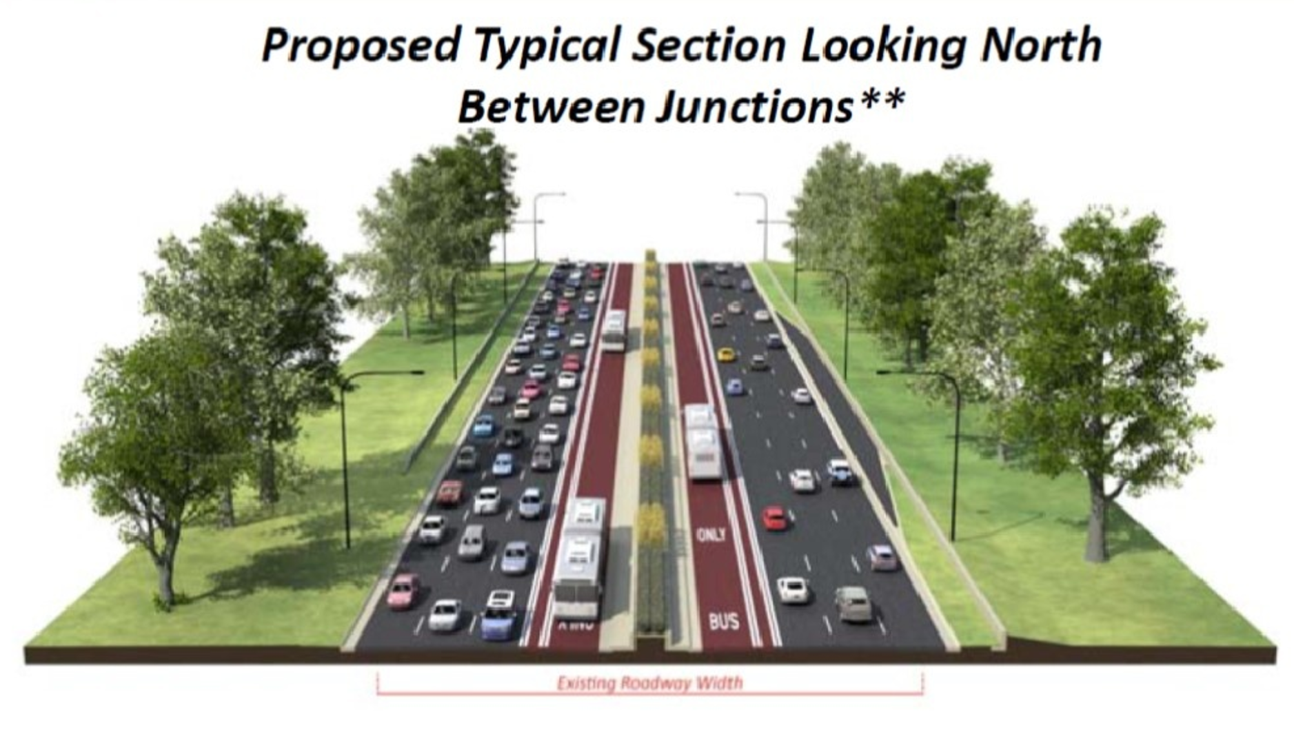 The best scenario for the drive: Convert two of the existing mixed-traffic lanes to bus-only corridors.