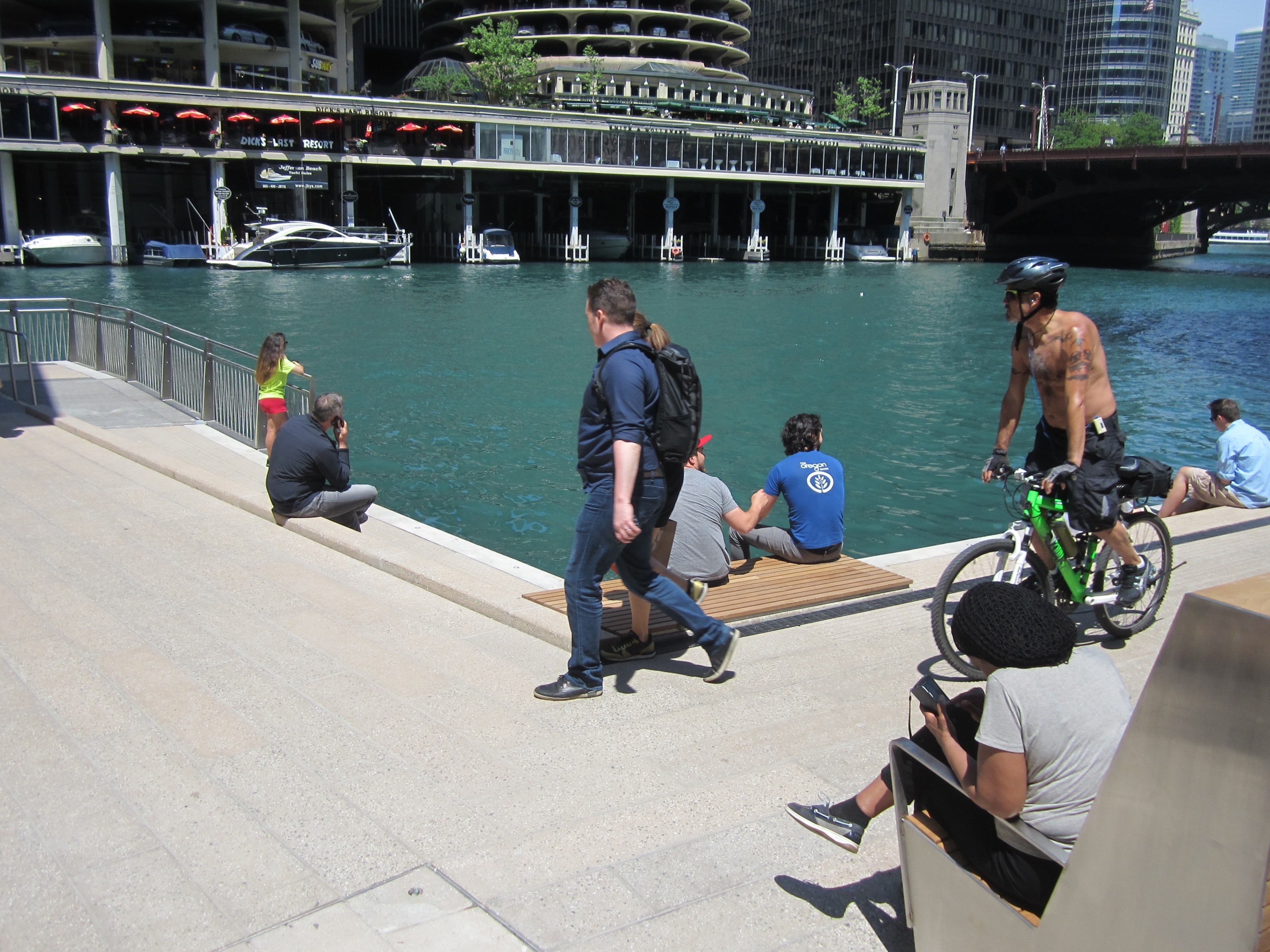 No, you are not being a path hog if you bike on the riverwalk. Photo: John Greenfield