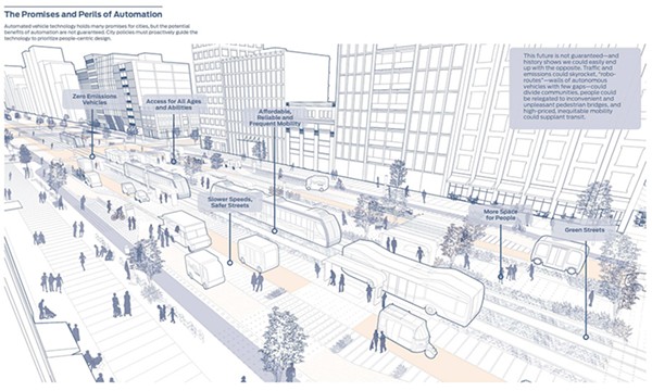 Rendering of a city street with driverless vehicles from the National Association of City Transportation Official's “Blueprint for Autonomous Urbanism.”