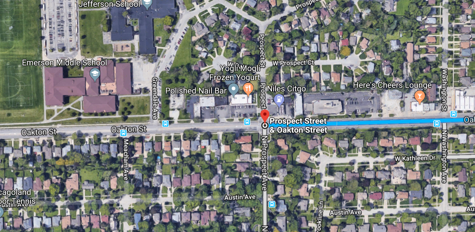 The trail (blue line) would have allowed Park Ridge kids to travel to Prospect, where there is a stoplight and crosswalks, and proceed to Emerson Middle School on the sidewalk on the north side of Oakton. Image: Google Maps