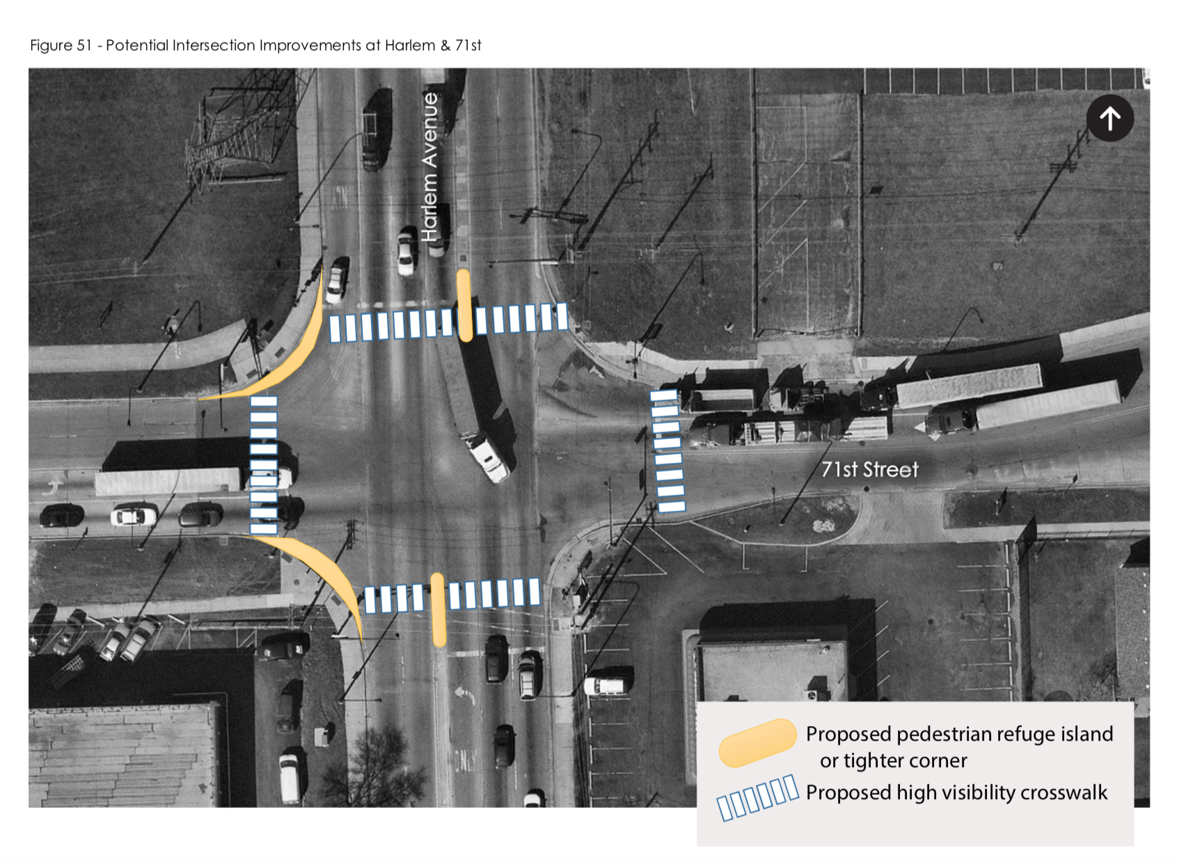Potential pedestrian improvements at 71st and Harlem.