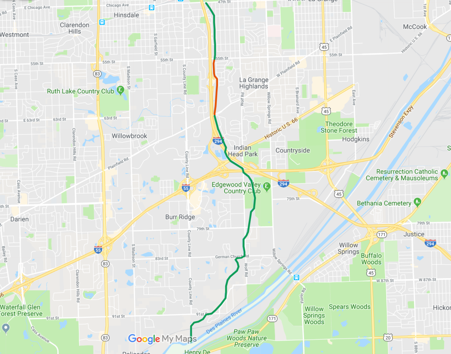 The proposed one-mile stretch of bike path in Western Springs (red) and the possible future linear park (green). Image: Google Maps