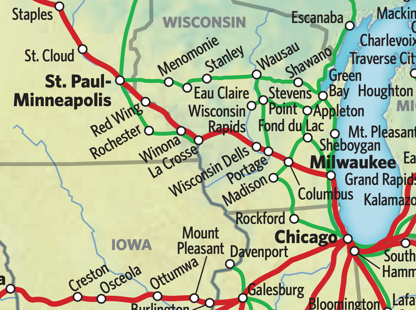 Why doesn't Amtrak stop at Madison on the way from Milwaukee to the Twin Cities? Green lines are connecting bus service. Image: Amtrak