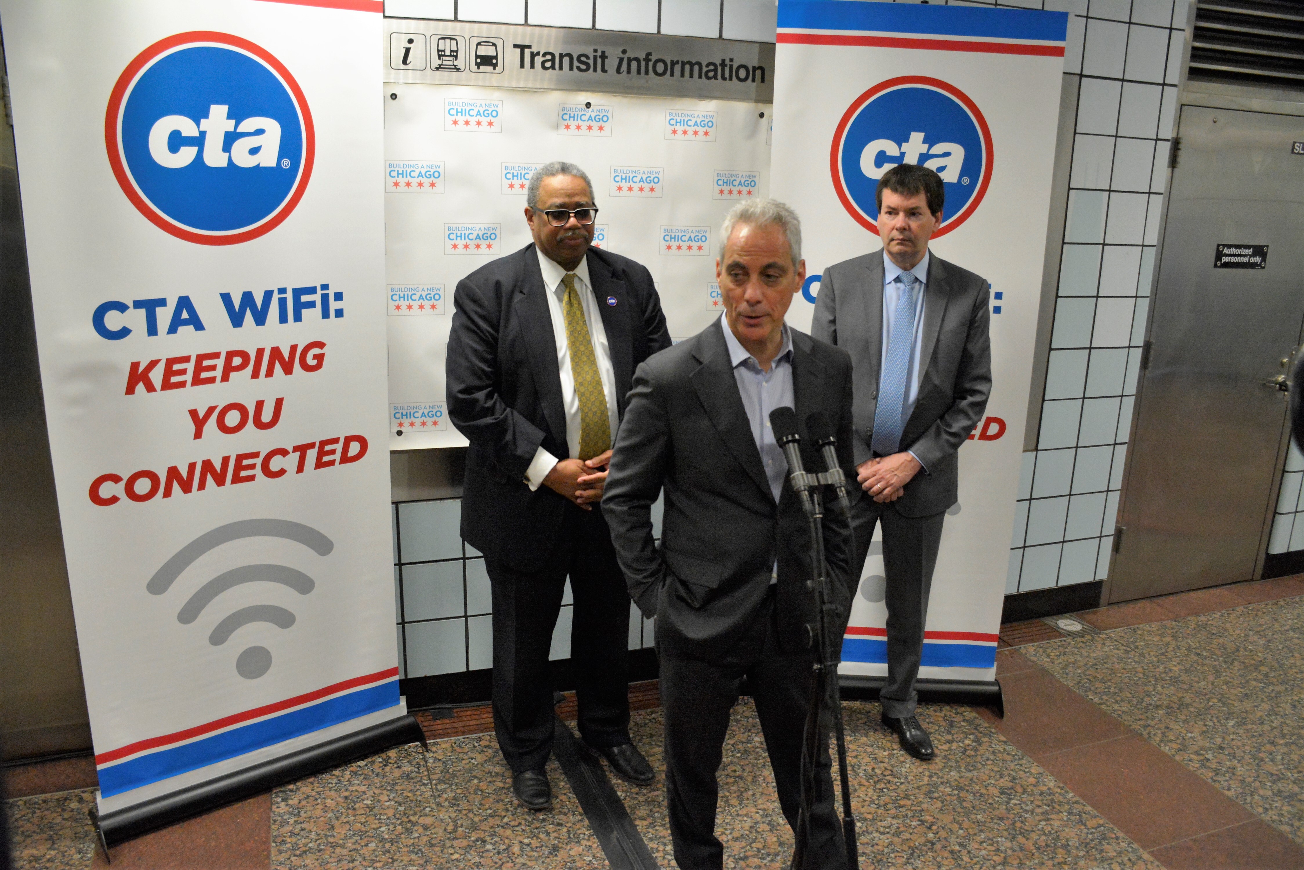 Emanuel, CTA chief Dorval Carter and 2nd Ward alderman Brian Hopkins announce the new service at a presser today. Photo: CTA