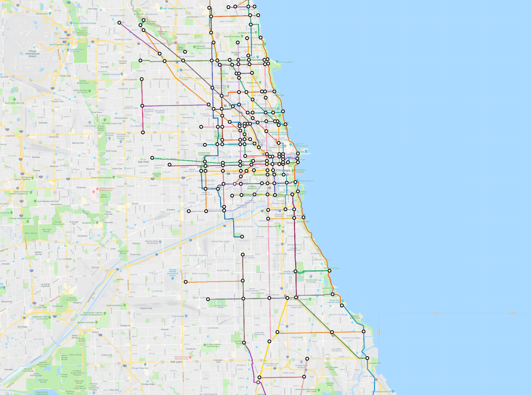 There's a much higher density of marked bikeways on the North and Northwest sides than on the West and South sides. Image: Google Maps