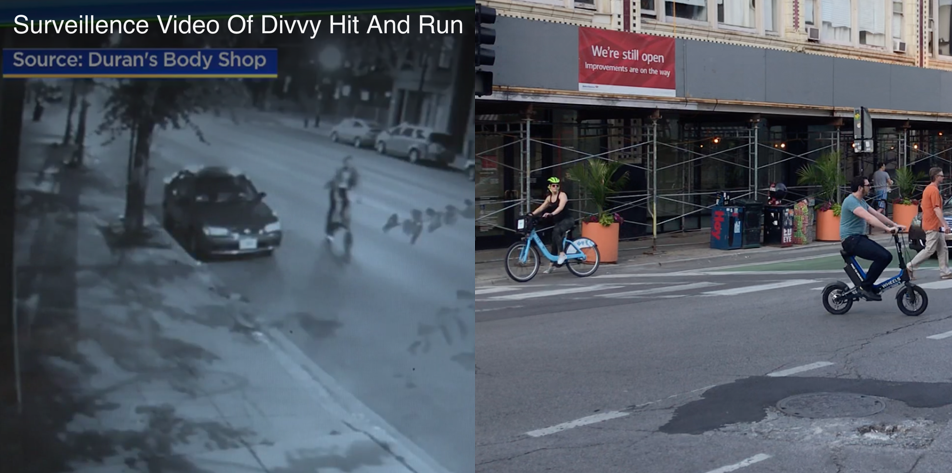 The rider from the security footage CBS aired, and a photo of a Divvy bike rider and a Wheels scooter rider.