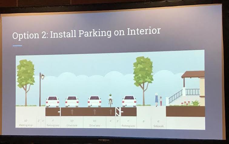 The proposal to move the bike lane back next to the existing parking lane, and turn the lane next to the median into more parking.