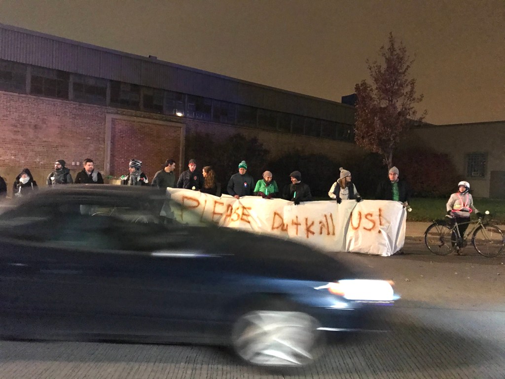 Dozens of cyclists lined the Milwaukee Avenue bike lane to protest Carla Aiello’s death