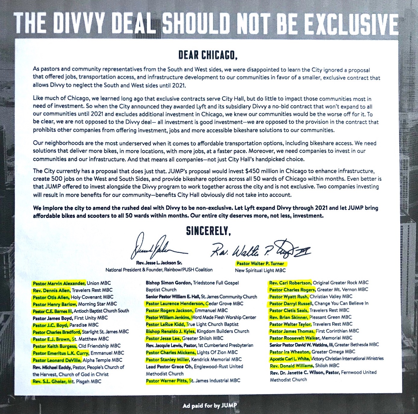 Uber/JUMP's April Sun-Times ad protesting the Divvy/Lyft deal, with the names of the ministers who are currently helping Uber fight the ride-hail tax highlighted.