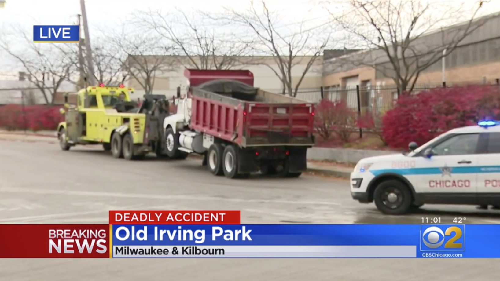 The dump truck from today's crash. Image: CBS Chicago