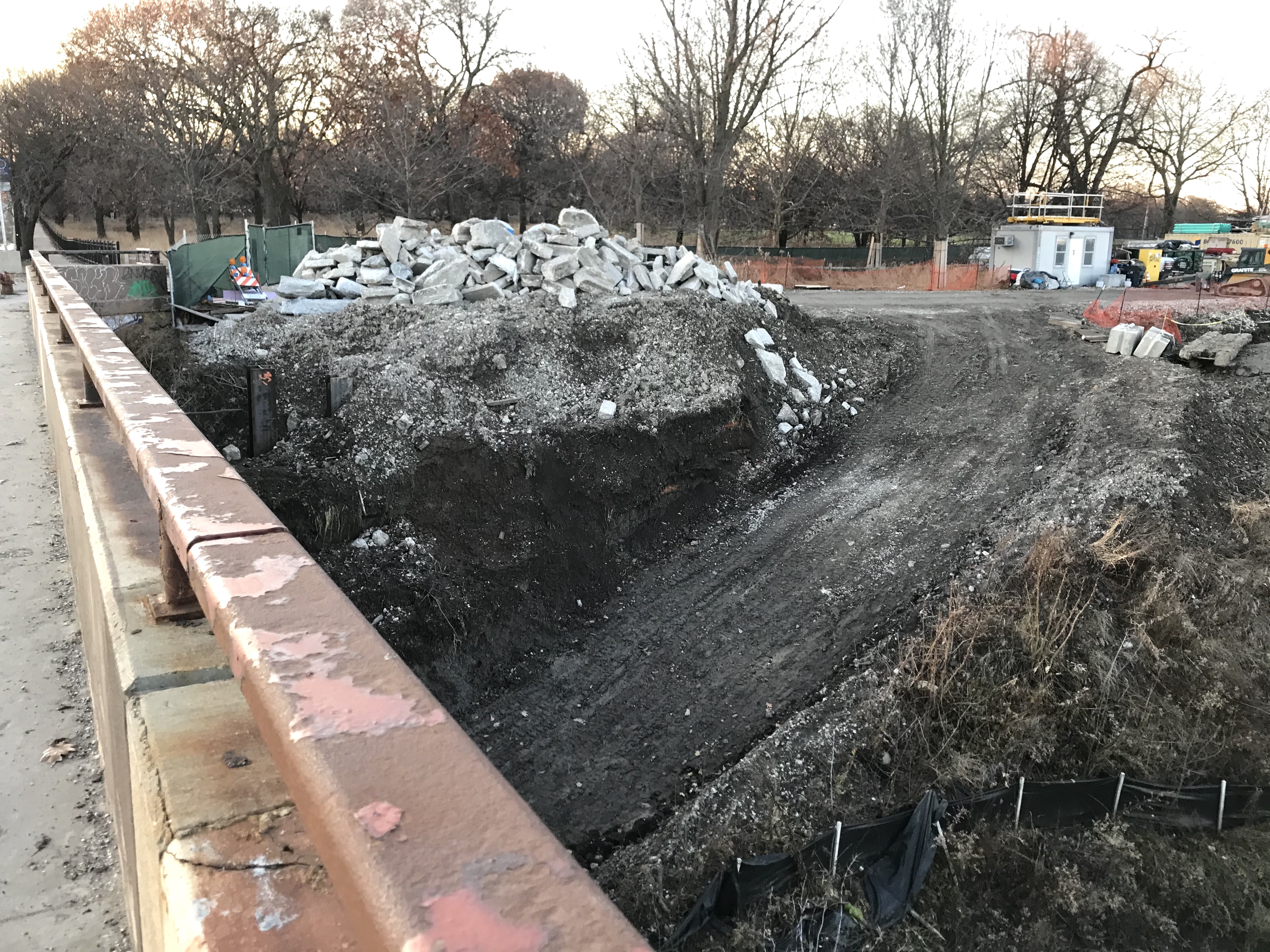 Construction on the Irving Park underbridge, looking north from the Irving Park bridge towards Horner Park.

 The Riverview Bridge (purple) and nearby paths (pink) and bikeable streets (green.) The blue line is the upcoming underbridge route between California and Horner parks. Photo: John Greenfield
