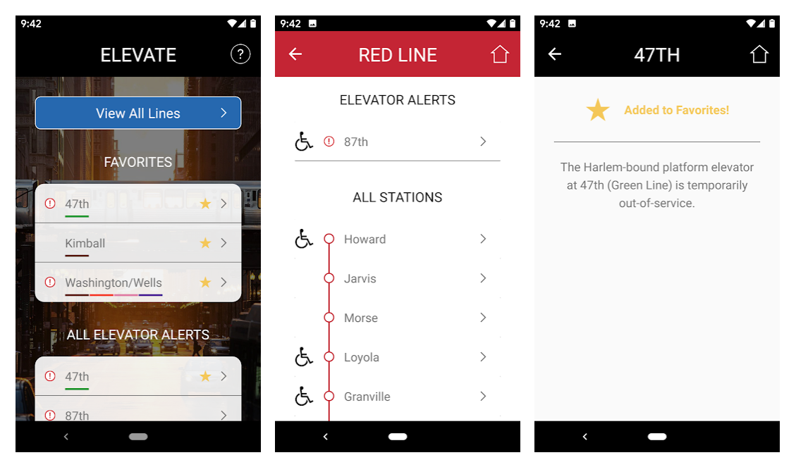 Screen shots from the Elevated Chicago app.