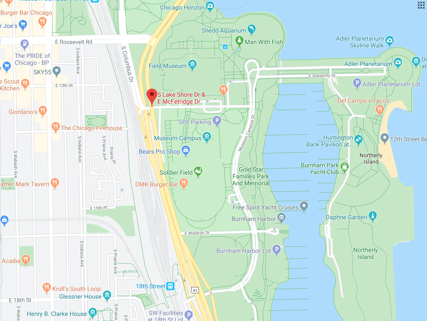 There's no way for pedestrians and bicyclists to cross Lake Shore Drive between 18th and Roosevelt. Image: Google Maps
