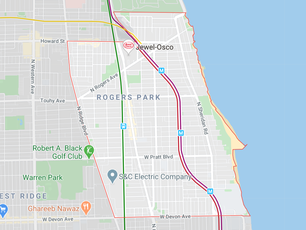 Multiple transit stations help make Rogers Park a relatively easy place to live car-free. Image: Google Maps