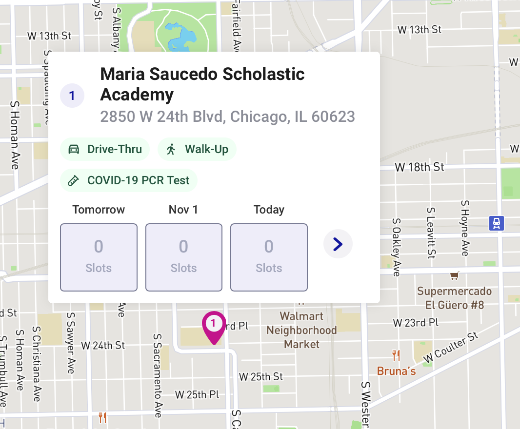screenshot of Curative COVID testing sites website map