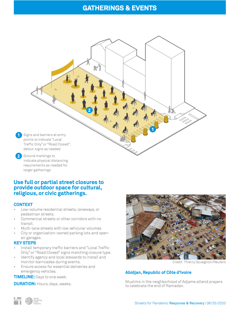 Page from a NACTO guide for outdoor gatherings during the COVID pandemic depicts people at a graduation. 
