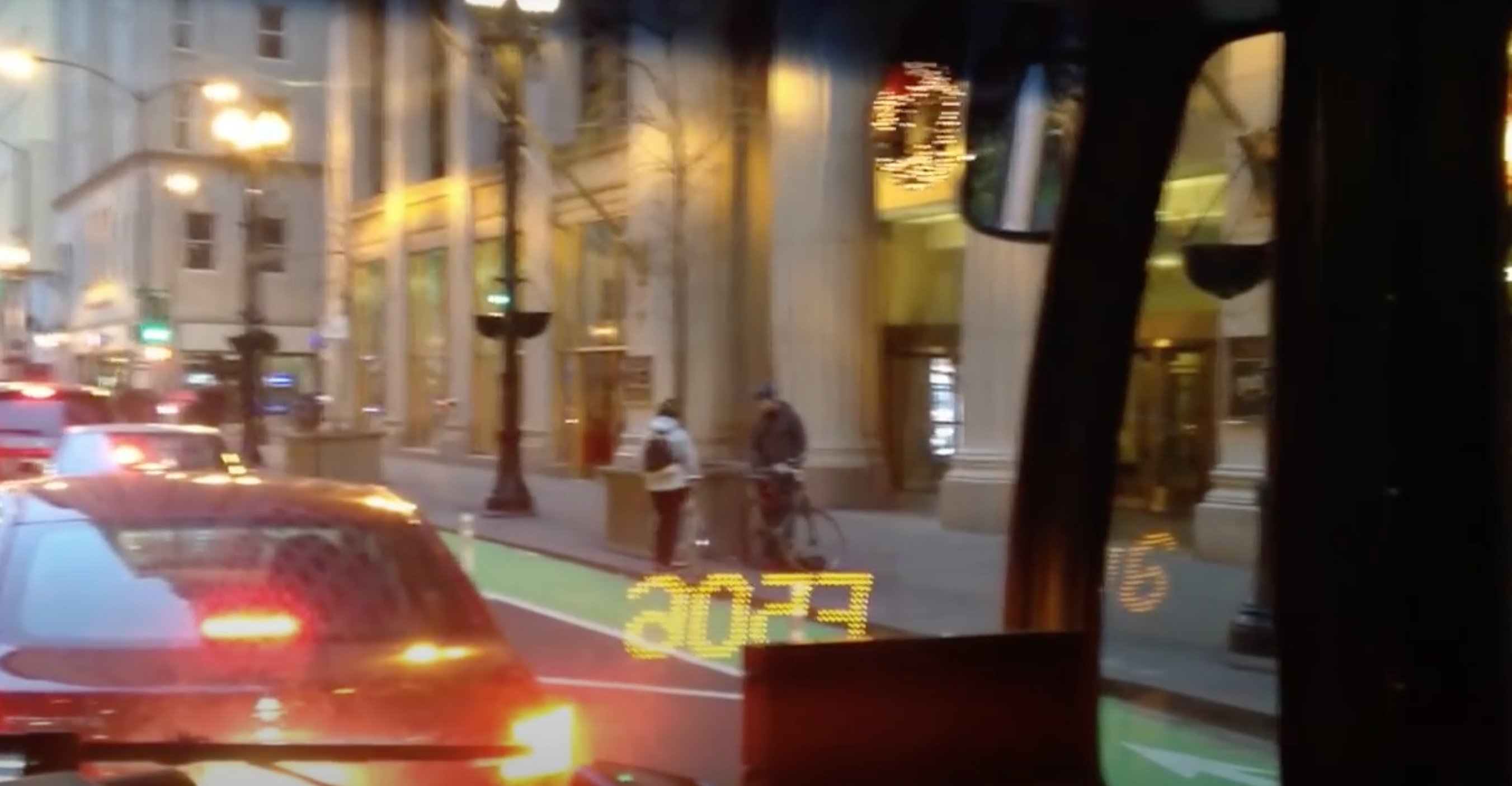 View from inside a Loop Link bus slowed down by right-turning motorists at Washington and Clark. Image: John Greenfield