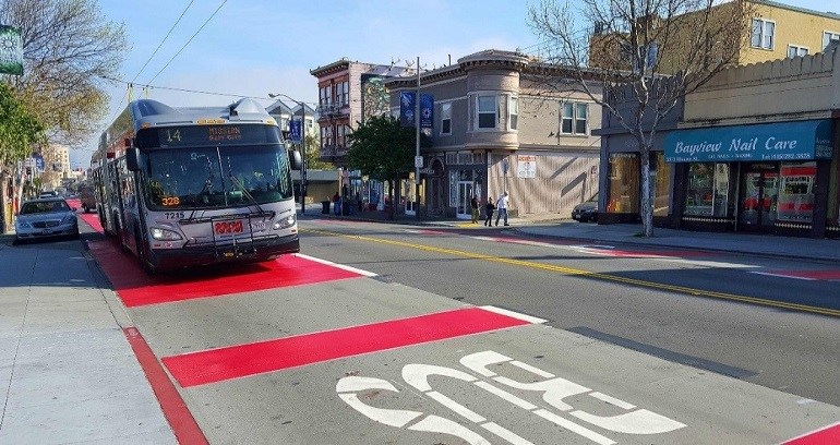 Transitways on Mission Street in San Francisco. Image: SFMTA
