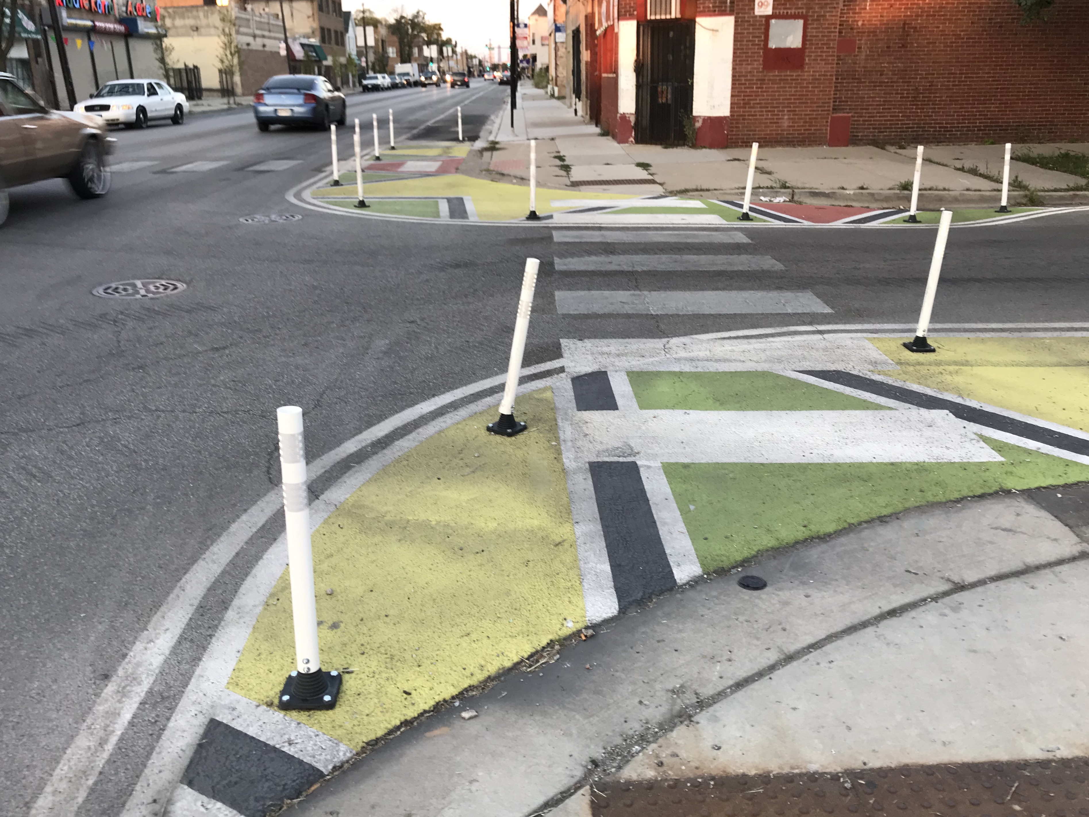 Paint-and-post sidewalk extensions in Chicago's Austin neighborhood. Photo: John Greenfield