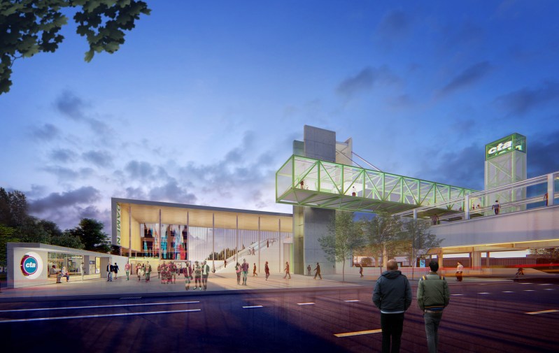 Why has the Damen Green Line station project been delayed by two years?