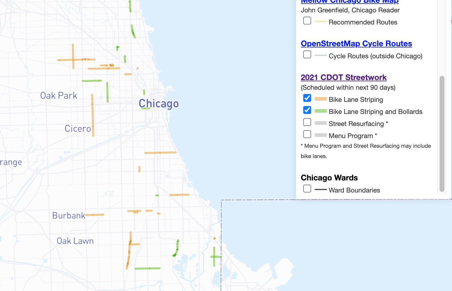 Screenshot of the Chicago Bike Routes map with the 2021 Bike Lane Striping (green) and 2021 Bike Lane Striping With Bollards (brown) layers clicked on. Image: Paul Esling