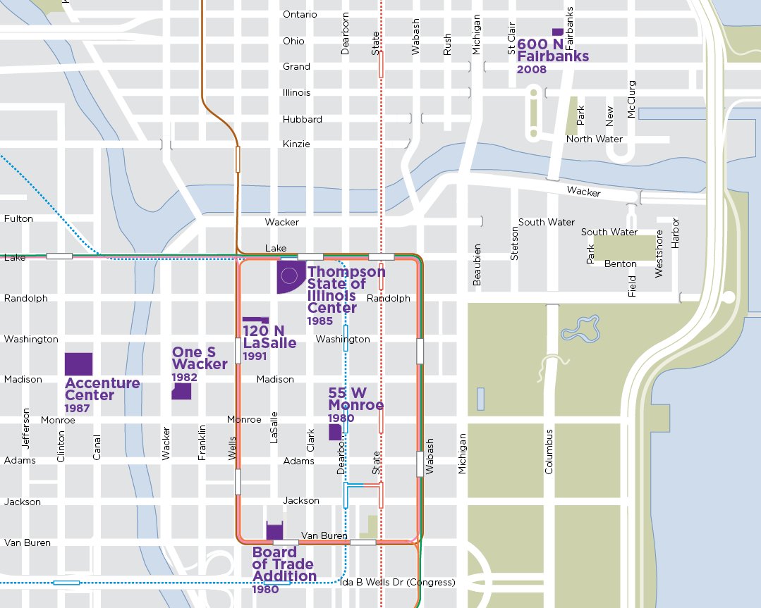 Map of downtown Jahn-designed buildings by local cartographer Dennis McClendon.