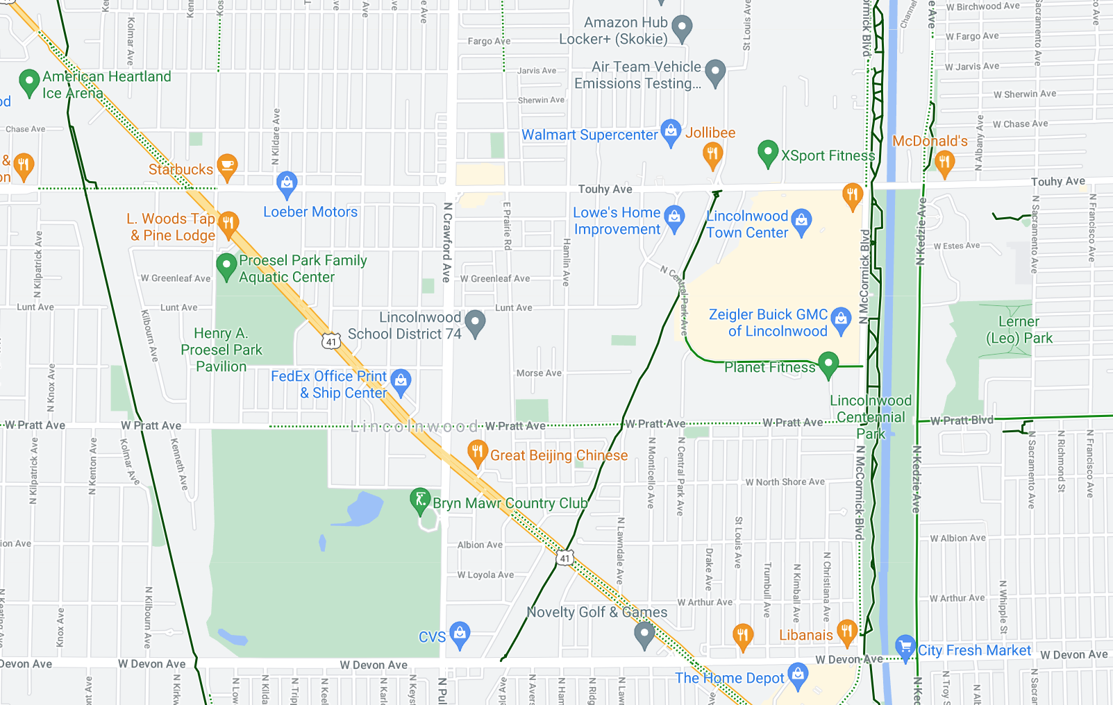 The Valley Line, Union Pacific, and North Shore Channel trails. Image: Google Maps
