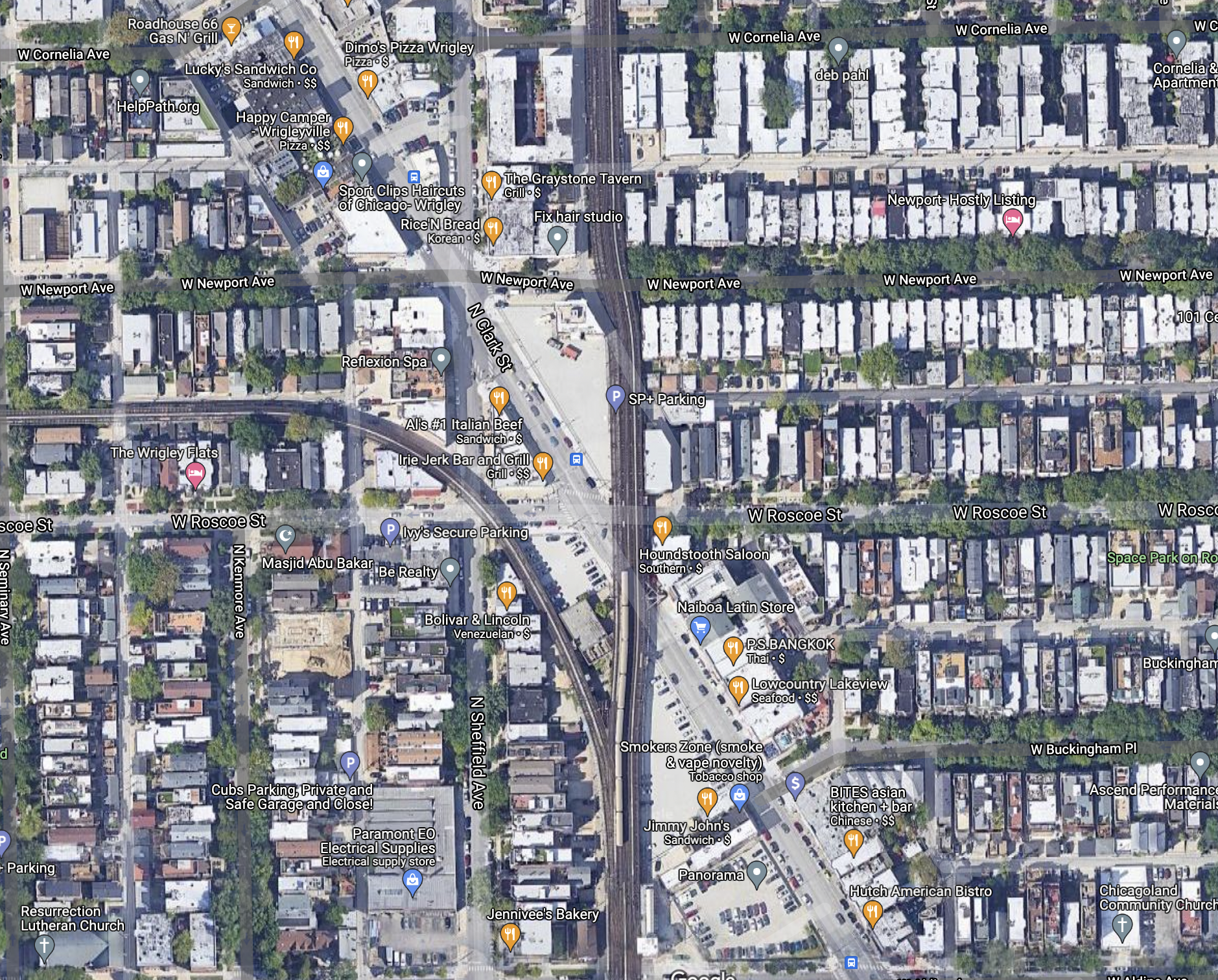 The bend in the Red and Purple tracks south of Cornelia is visible in this aerial. Image: Google Maps