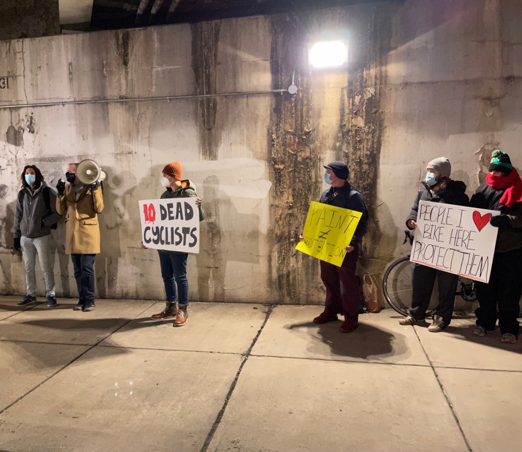 Dozens of advocates protested Halsted bike lane removal for Amazon warehouse turn lane