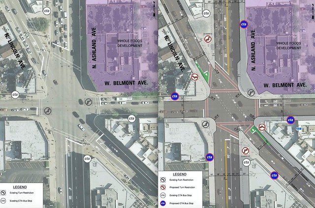 The layout of Belmont, Ashland, and Lincoln prior to changes and the planned concrete bump-outs and other modifications.