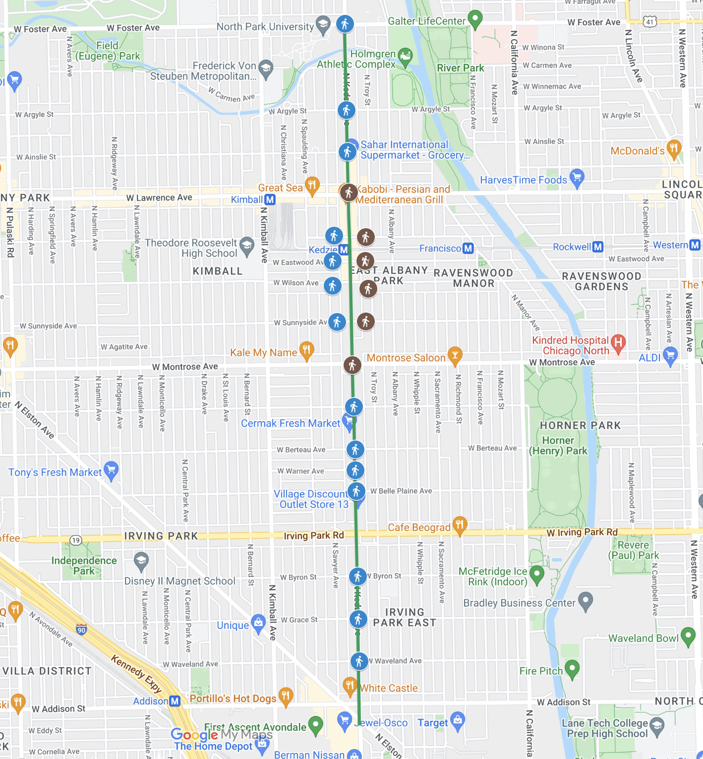 Map of the upcoming Kedzie project zone, including non-protected bike lanes (green line), and intersections with sidewalk bump-outs (blue pedestrian symbols) and stamped crosswalks (brown pedestrian symbols.) Map: John Greenfield via Google Maps