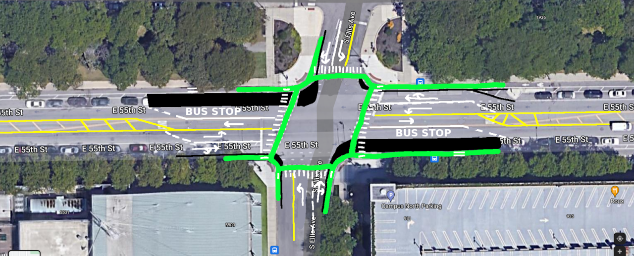 55th St. and Ellis Ave. Image: Google Street View, illustrated by Steven Lucy